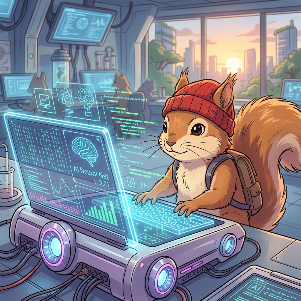 Squirrel using a holographic AI neural network computer in a lab